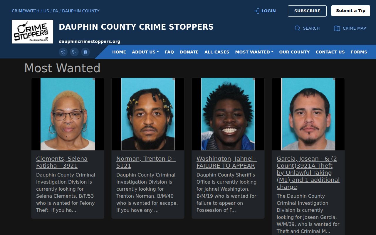 Dauphin County official Crime Stoppers wanted fugitives listing interface
