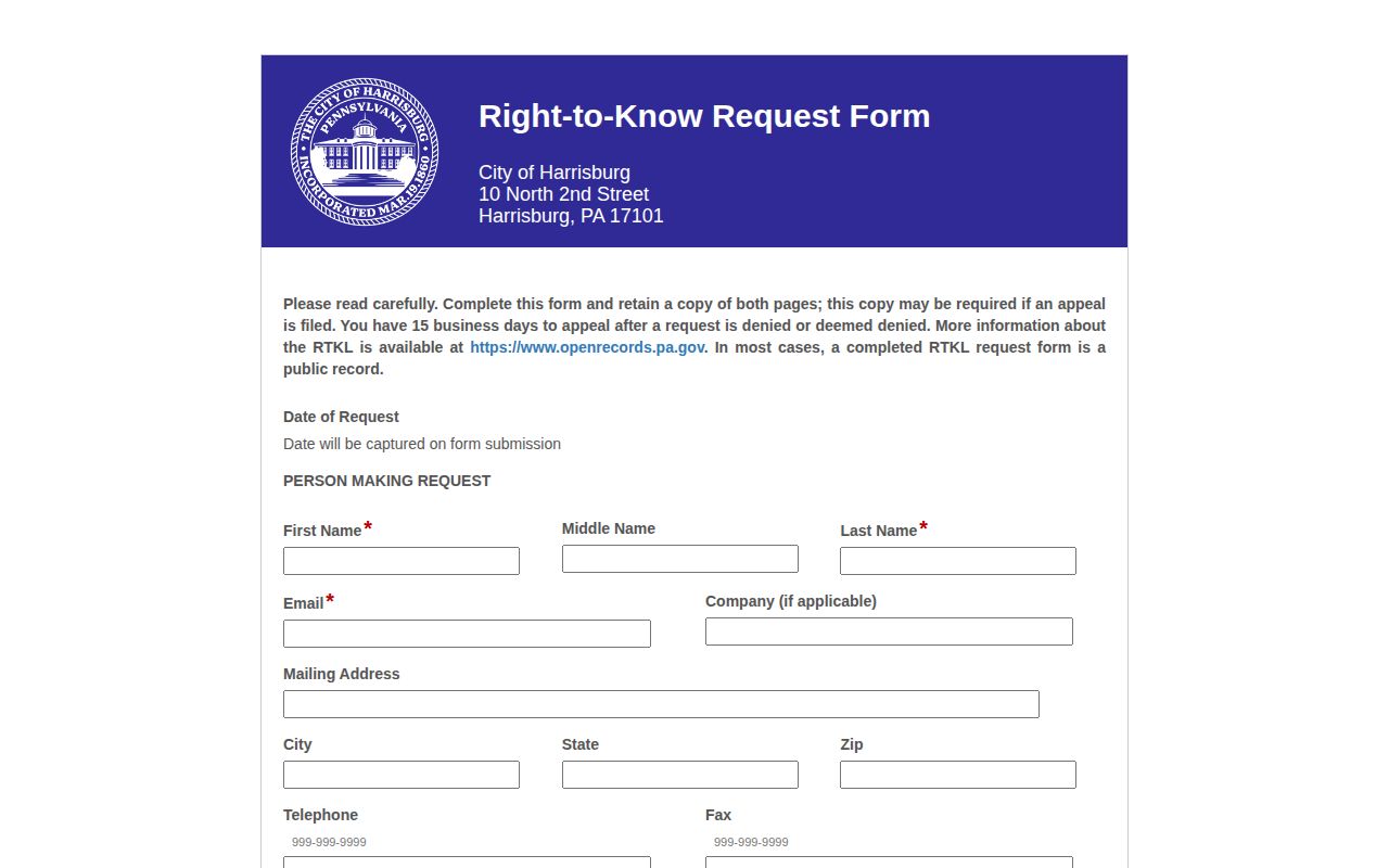 Harrisburg official Right-to-Know request form for police arrest records