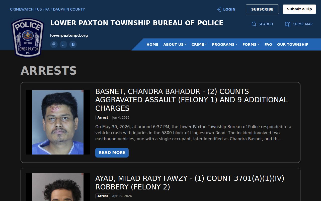 Lower Paxton Township arrest record category on the official Police CRIMEWATCH page