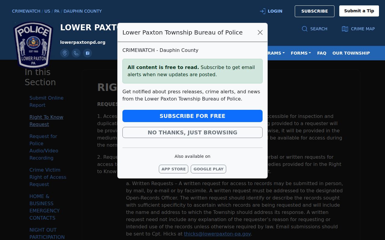 Lower Paxton Township Police Right-to-Know request information for arrest records