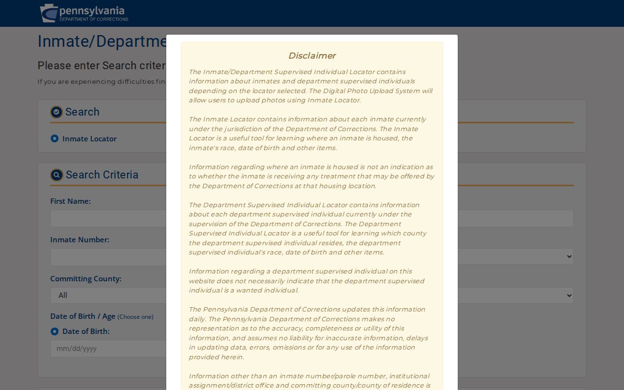 Pennsylvania Department of Corrections locator for Dauphin County state custody records