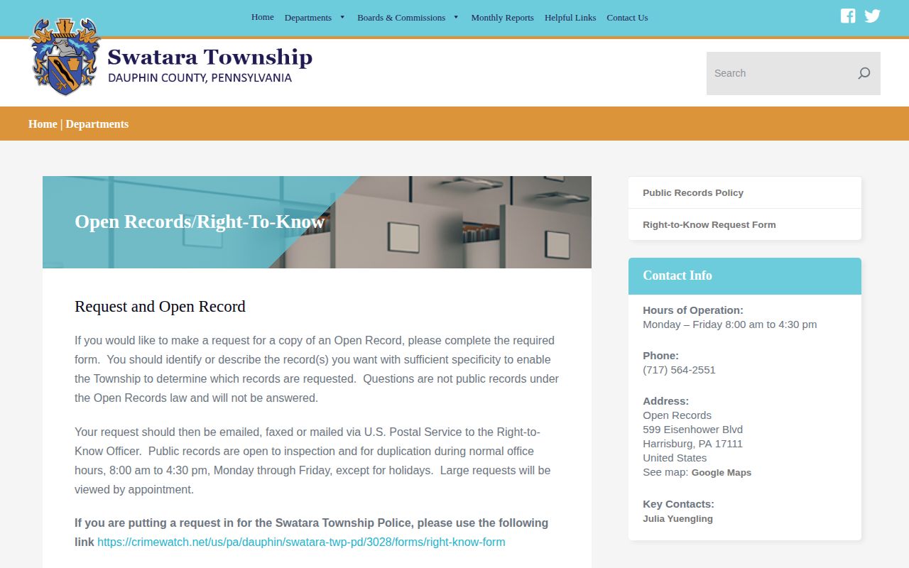 Swatara Township official Open Records information for police arrest record requests