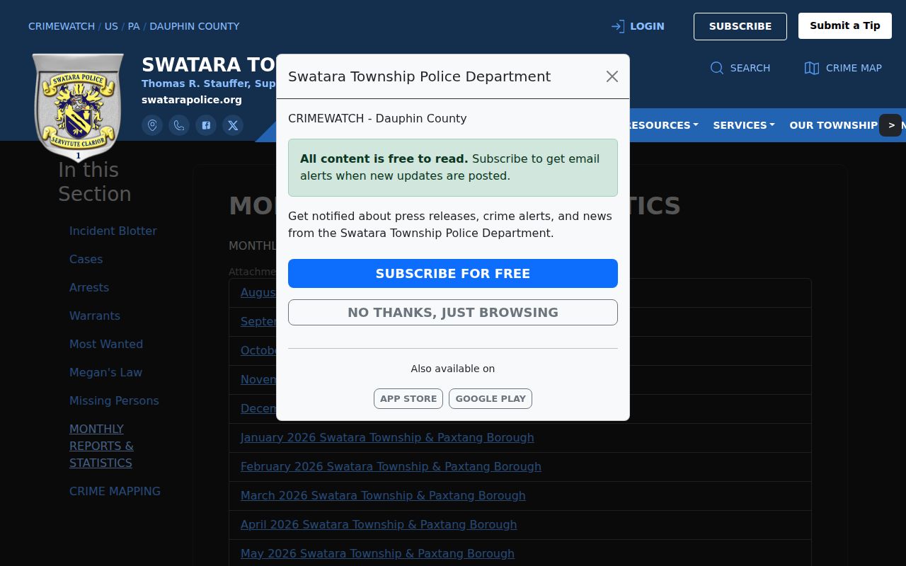 Swatara Township Police monthly reports and statistics archive for public-safety records